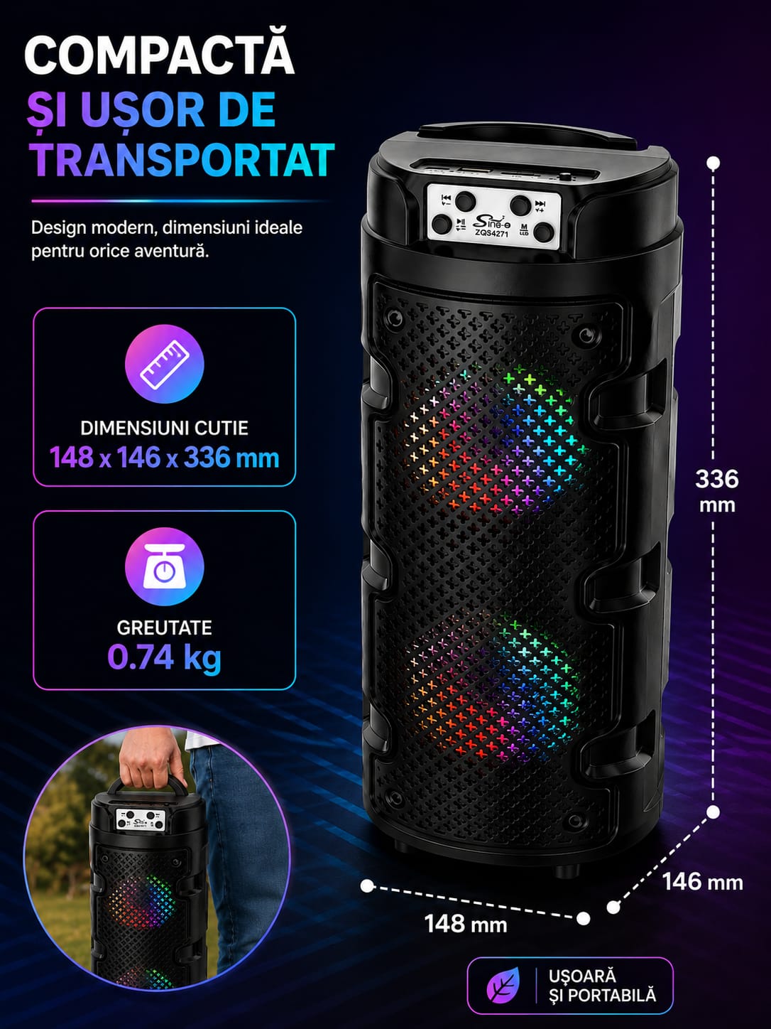 Boxă portabilă Sing-e ZQS4271, Bluetooth, 16W (2x8W), 2x4 inch, RGB, baterie 1500mAh, USB, TF, AUX