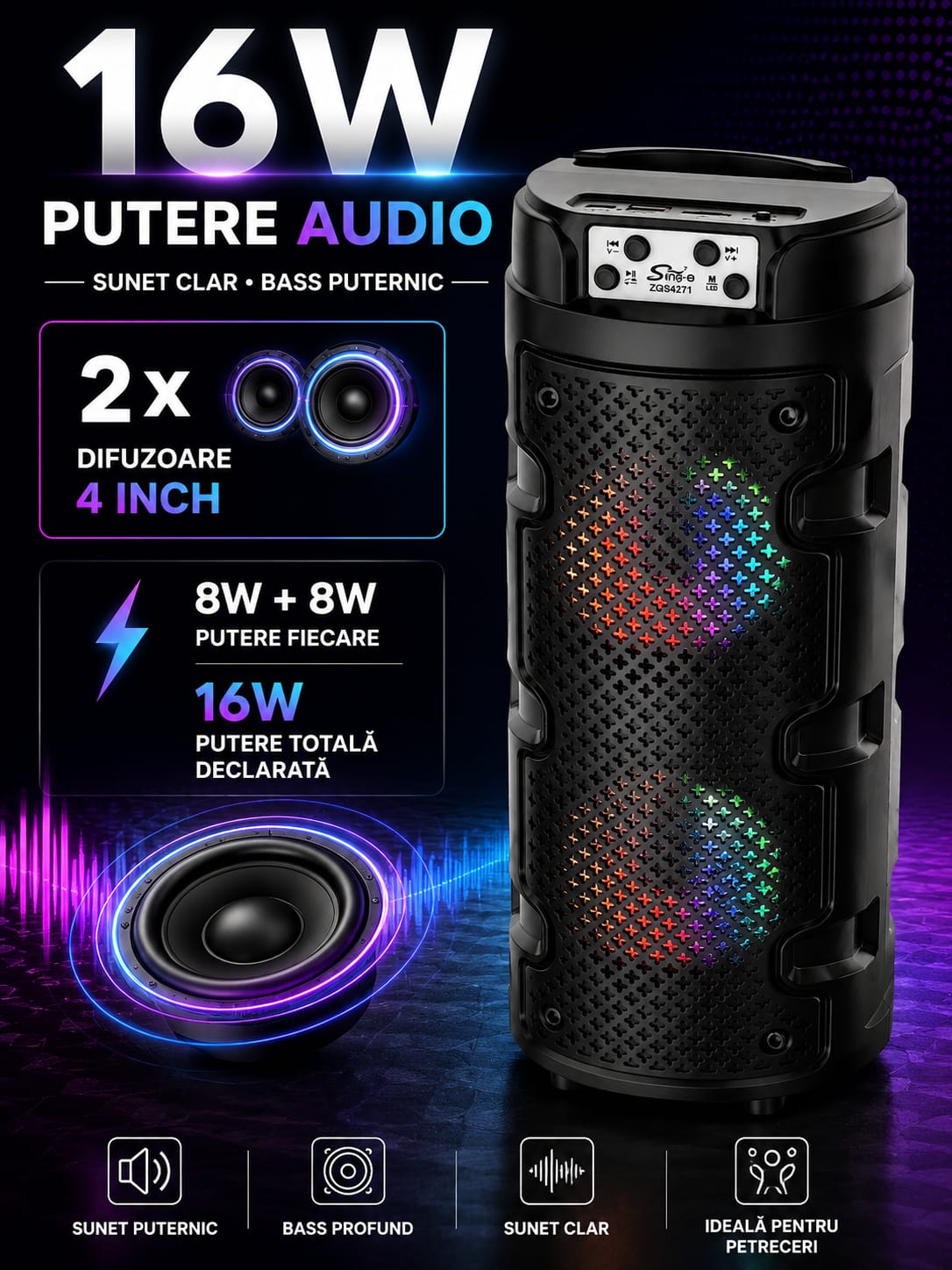 Boxă portabilă Sing-e ZQS4271, Bluetooth, 16W (2x8W), 2x4 inch, RGB, baterie 1500mAh, USB, TF, AUX