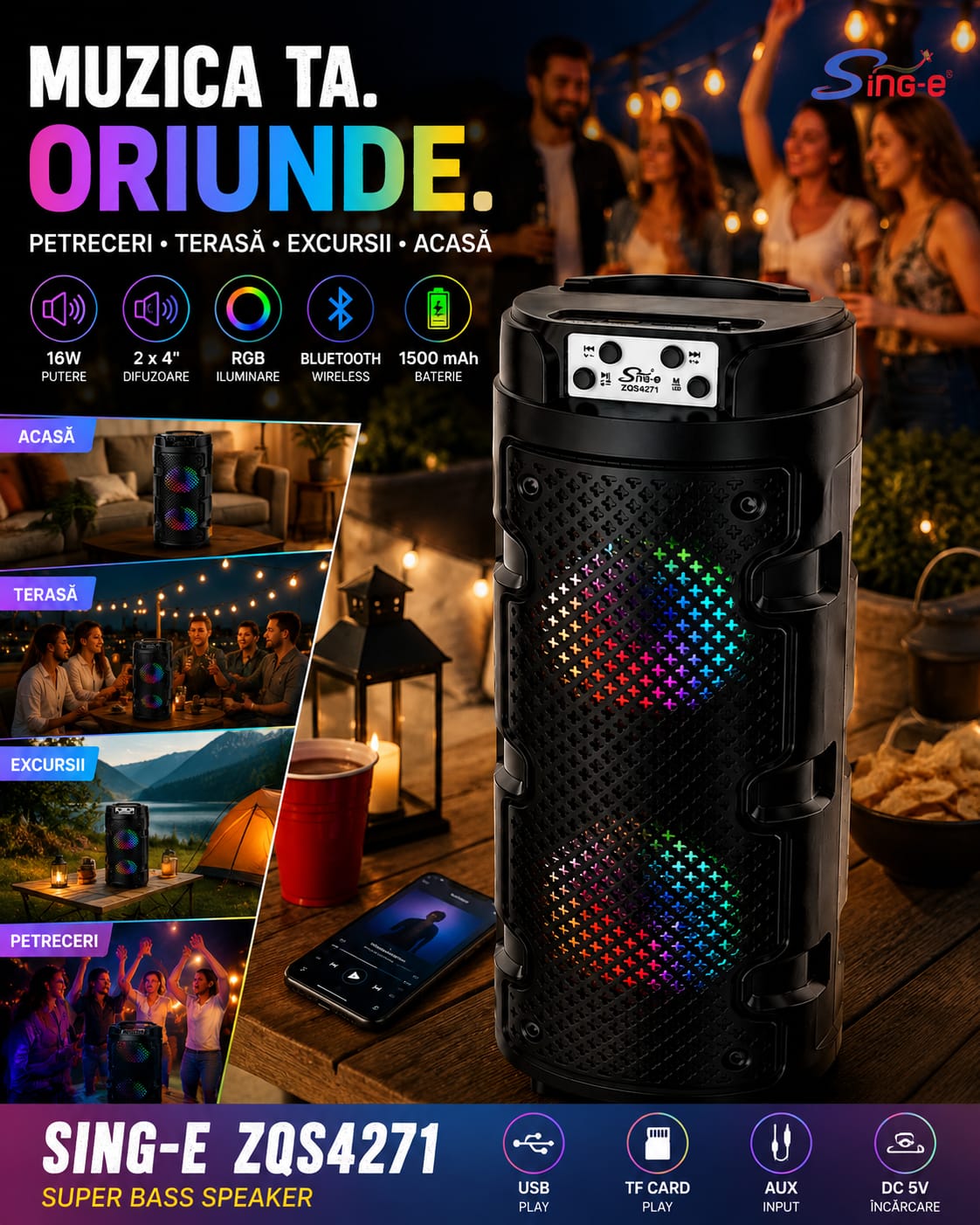 Boxă portabilă Sing-e ZQS4271, Bluetooth, 16W (2x8W), 2x4 inch, RGB, baterie 1500mAh, USB, TF, AUX