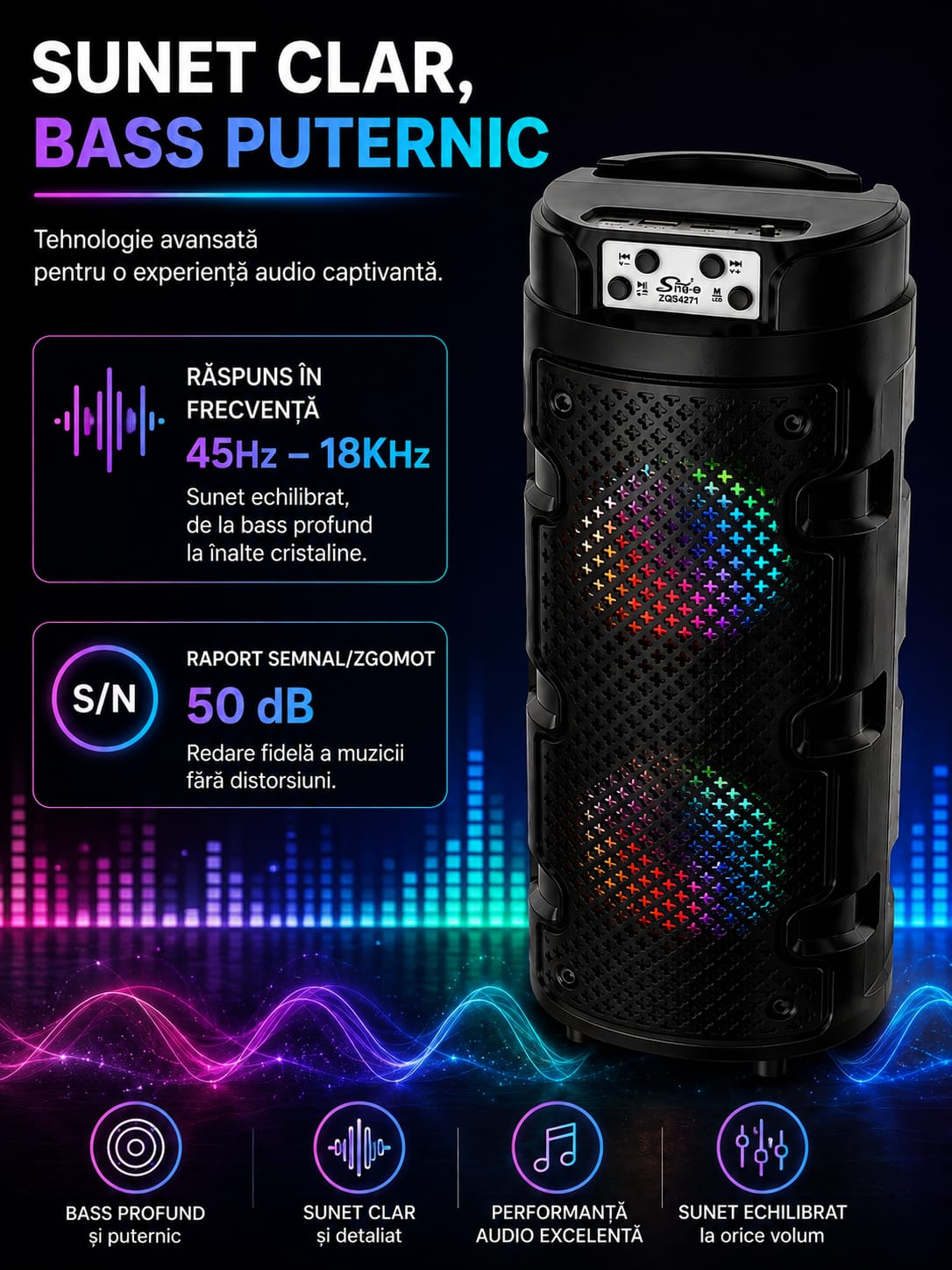 Boxă portabilă Sing-e ZQS4271, Bluetooth, 16W (2x8W), 2x4 inch, RGB, baterie 1500mAh, USB, TF, AUX