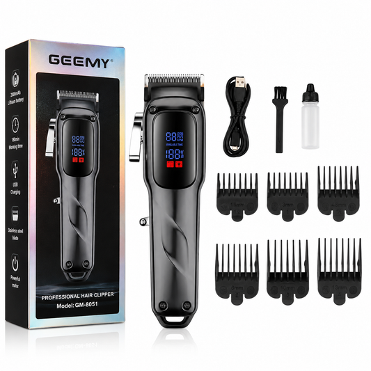 Mașină profesională de tuns GM-8051, Display LED Digital, Autonomie până la 180 minute, Motor 5W, Lame din oțel inoxidabil, Încărcare USB, Reglaj precis pentru păr, barbă și contur