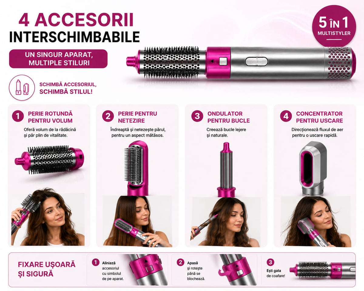 Perie cu Aer Cald, Uscător, Ondulator și Perie pentru Volum, 4 Accesorii Interschimbabile, Tehnologie Ionică, Înveliș Ceramic, 3 Trepte Temperatură