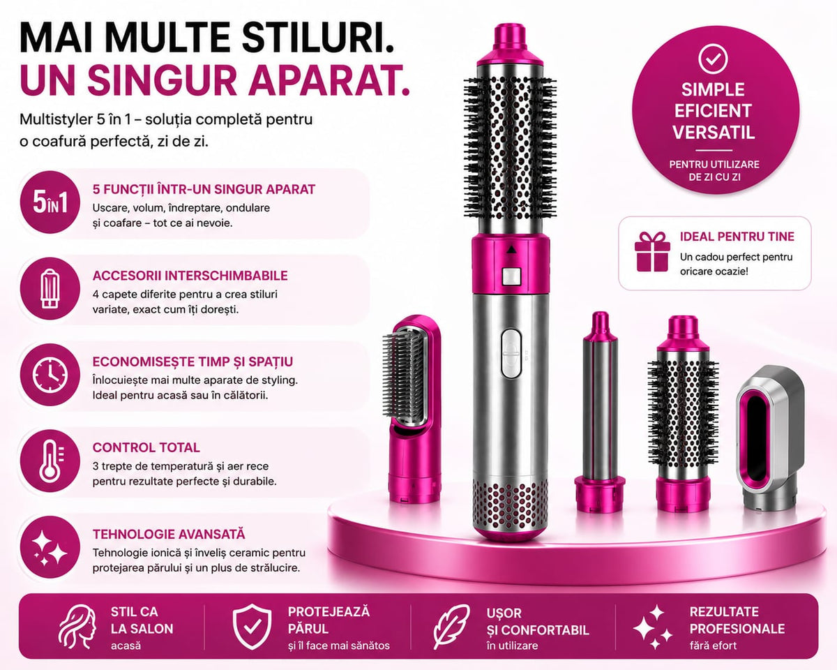 Perie cu Aer Cald, Uscător, Ondulator și Perie pentru Volum, 4 Accesorii Interschimbabile, Tehnologie Ionică, Înveliș Ceramic, 3 Trepte Temperatură