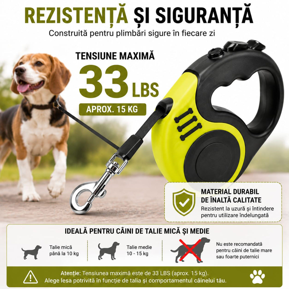 Lesă retractabilă pentru câini, 5 m, 16.5 ft, tensiune maximă 33 lbs, mâner ergonomic, sistem de blocare, carabină metalică, negru-galben