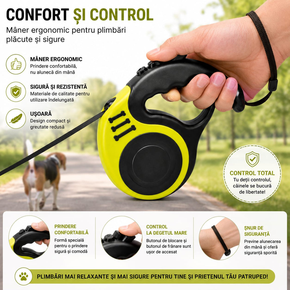 Lesă retractabilă pentru câini, 5 m, 16.5 ft, tensiune maximă 33 lbs, mâner ergonomic, sistem de blocare, carabină metalică, negru-galben