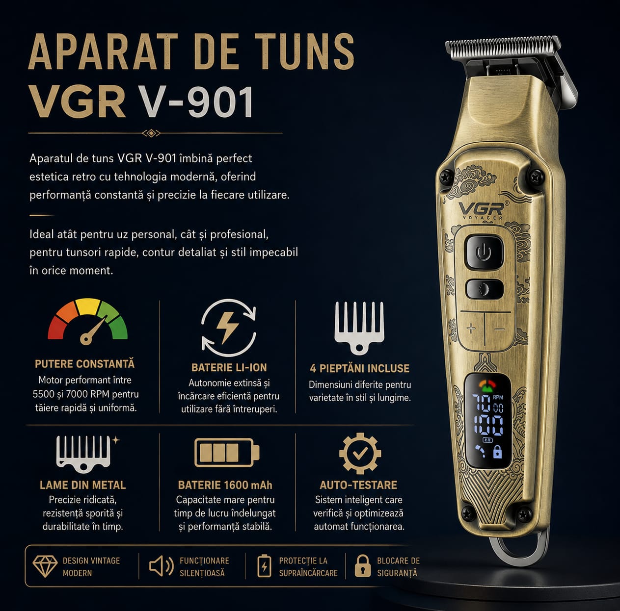 Masina de tuns profesionala VGR V-901 pentru par si barba, Display LED, 4 Trepte de Viteza 5500-7000 RPM, Baterie Li-Ion 1600 mAh, Incarcare USB, 4 Piepteni 1/3/5/7 mm, Lama din Otel, Auriu