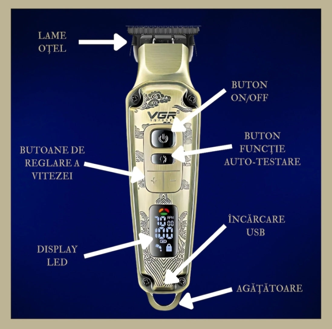 Masina de tuns profesionala VGR V-901 pentru par si barba, Display LED, 4 Trepte de Viteza 5500-7000 RPM, Baterie Li-Ion 1600 mAh, Incarcare USB, 4 Piepteni 1/3/5/7 mm, Lama din Otel, Auriu