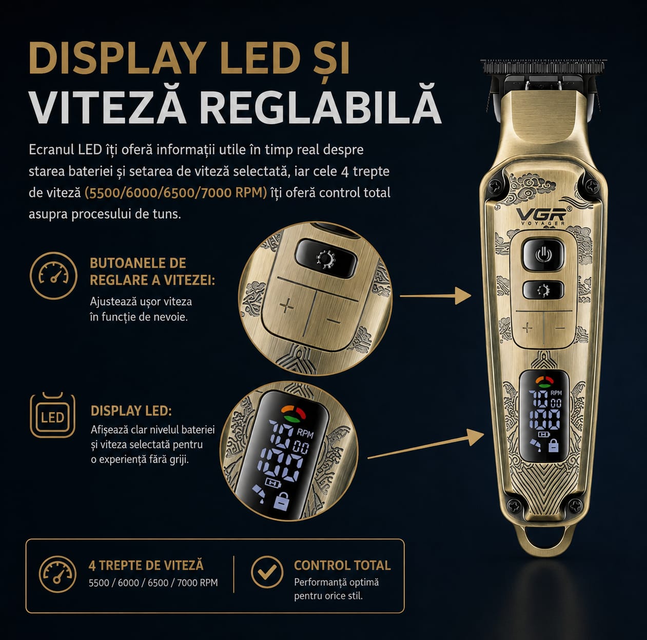 Masina de tuns profesionala VGR V-901 pentru par si barba, Display LED, 4 Trepte de Viteza 5500-7000 RPM, Baterie Li-Ion 1600 mAh, Incarcare USB, 4 Piepteni 1/3/5/7 mm, Lama din Otel, Auriu