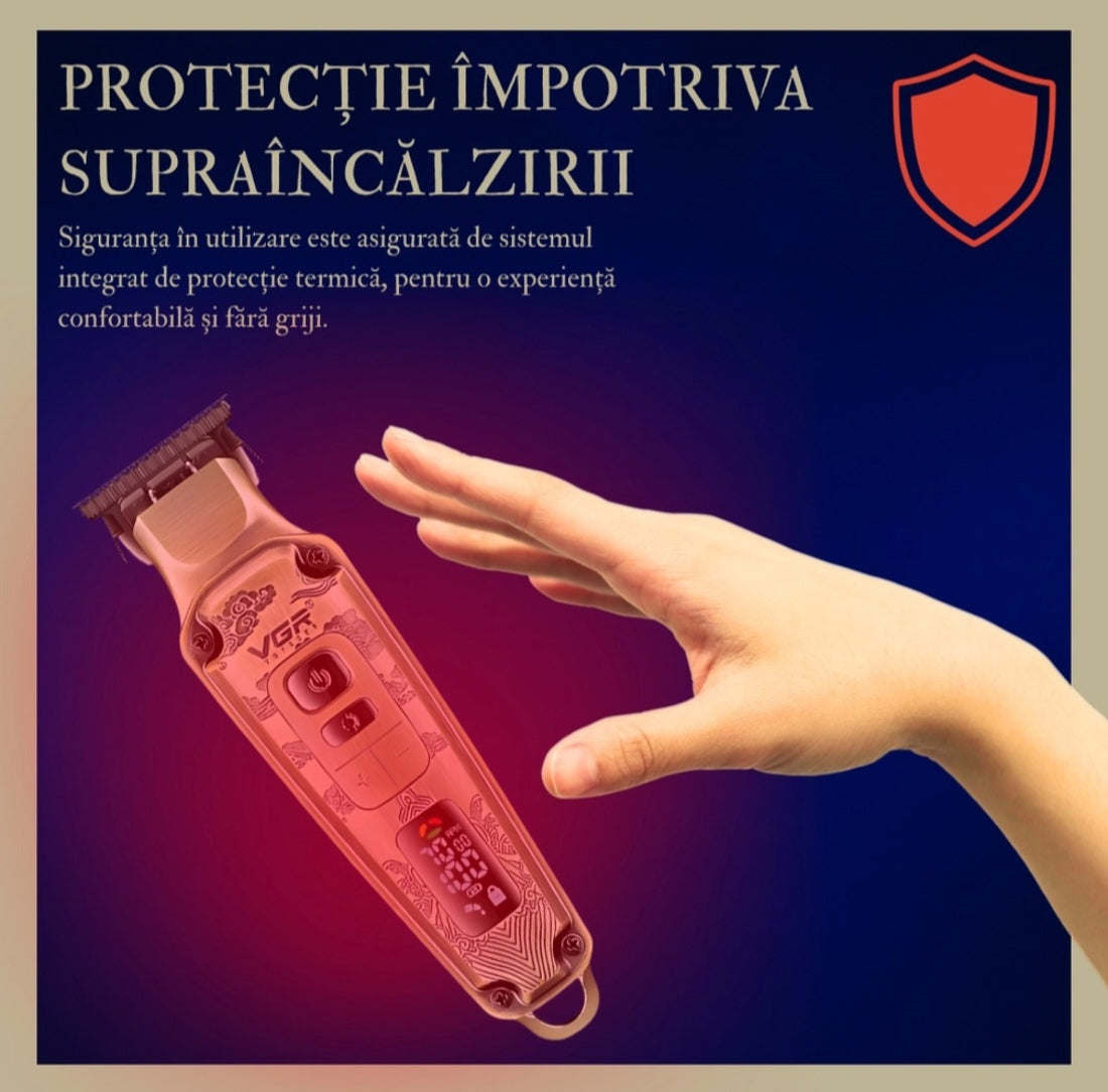Masina de tuns profesionala VGR V-901 pentru par si barba, Display LED, 4 Trepte de Viteza 5500-7000 RPM, Baterie Li-Ion 1600 mAh, Incarcare USB, 4 Piepteni 1/3/5/7 mm, Lama din Otel, Auriu
