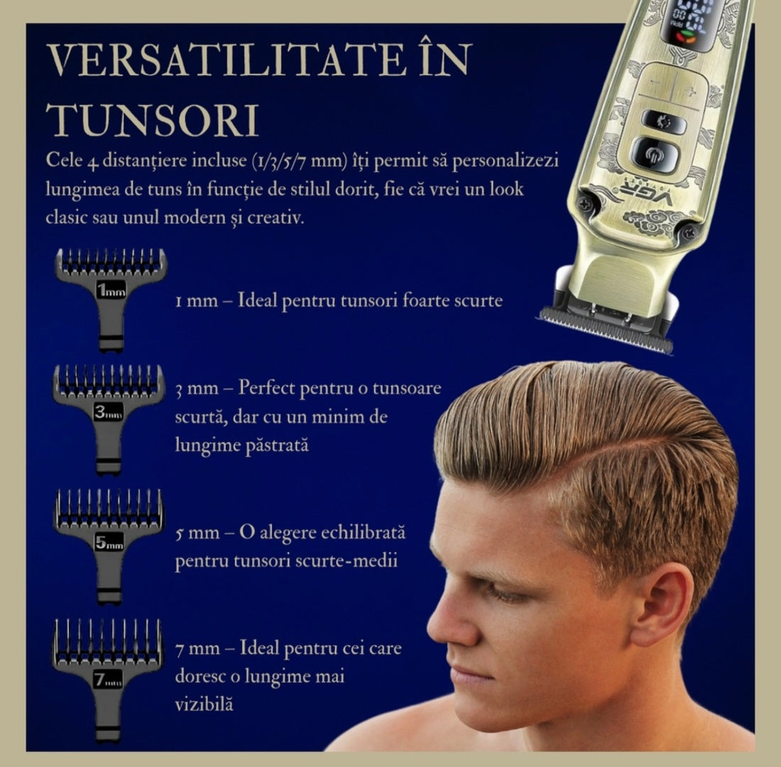 Masina de tuns profesionala VGR V-901 pentru par si barba, Display LED, 4 Trepte de Viteza 5500-7000 RPM, Baterie Li-Ion 1600 mAh, Incarcare USB, 4 Piepteni 1/3/5/7 mm, Lama din Otel, Auriu