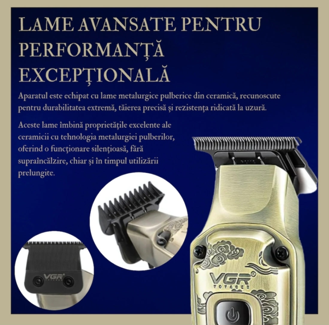 Masina de tuns profesionala VGR V-901 pentru par si barba, Display LED, 4 Trepte de Viteza 5500-7000 RPM, Baterie Li-Ion 1600 mAh, Incarcare USB, 4 Piepteni 1/3/5/7 mm, Lama din Otel, Auriu