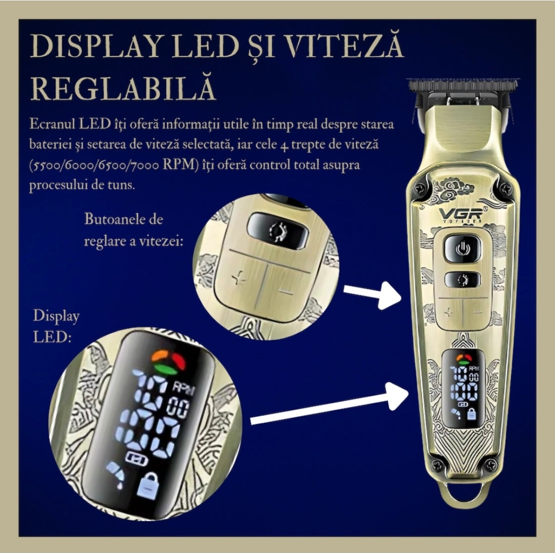 Masina de tuns profesionala VGR V-901 pentru par si barba, Display LED, 4 Trepte de Viteza 5500-7000 RPM, Baterie Li-Ion 1600 mAh, Incarcare USB, 4 Piepteni 1/3/5/7 mm, Lama din Otel, Auriu