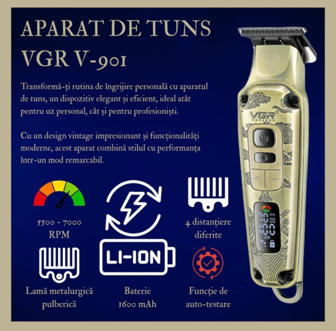 Masina de tuns profesionala VGR V-901 pentru par si barba, Display LED, 4 Trepte de Viteza 5500-7000 RPM, Baterie Li-Ion 1600 mAh, Incarcare USB, 4 Piepteni 1/3/5/7 mm, Lama din Otel, Auriu