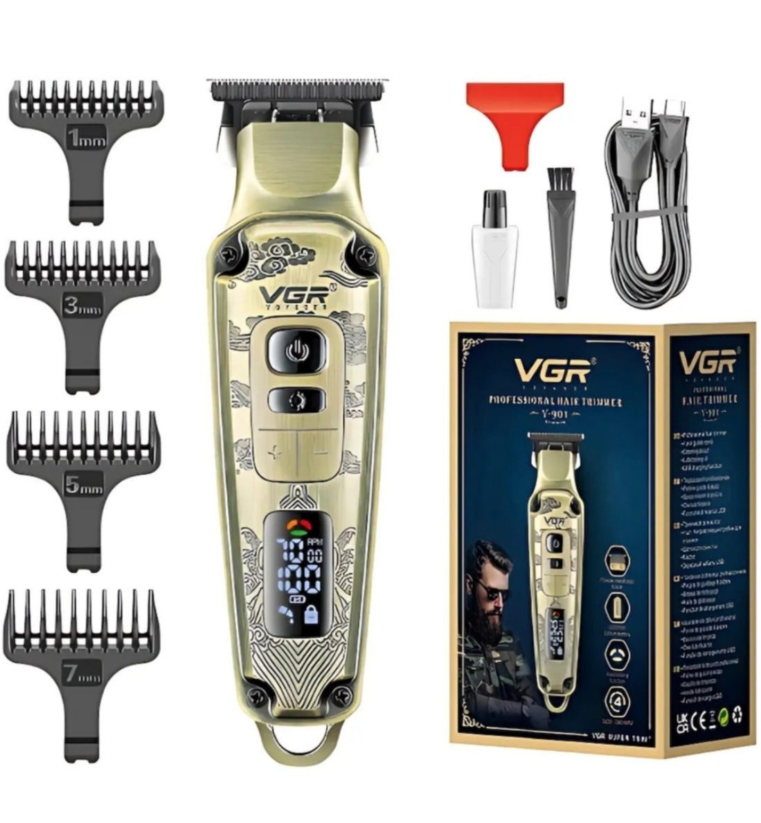 Masina de tuns profesionala VGR V-901 pentru par si barba, Display LED, 4 Trepte de Viteza 5500-7000 RPM, Baterie Li-Ion 1600 mAh, Incarcare USB, 4 Piepteni 1/3/5/7 mm, Lama din Otel, Auriu