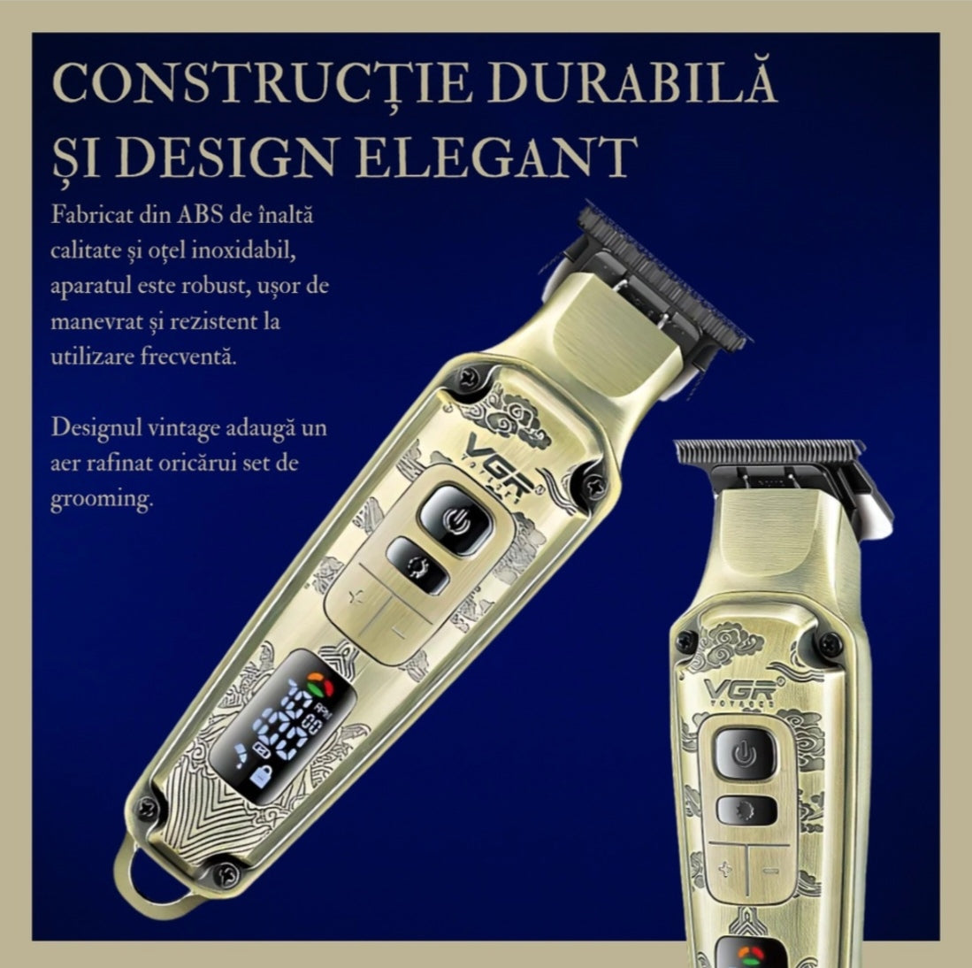 Masina de tuns profesionala VGR V-901 pentru par si barba, Display LED, 4 Trepte de Viteza 5500-7000 RPM, Baterie Li-Ion 1600 mAh, Incarcare USB, 4 Piepteni 1/3/5/7 mm, Lama din Otel, Auriu