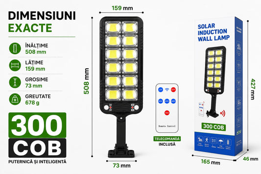 Lampă Solară 300 COB cu Senzor de Mișcare, Telecomandă, IP65, 3 Moduri de Funcționare, Baterie Litiu, Încărcare Solară, Iluminare Exterior Curte, Grădină, Terasă,