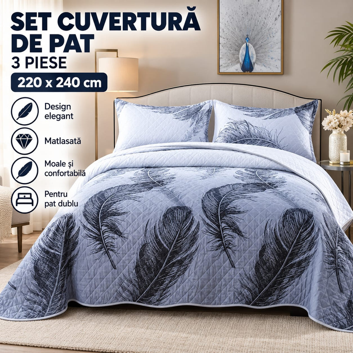 Set Cuvertură de Pat Dublu, 3 Piese, 220x240 cm, Model Pene, Matlasată, Gri
