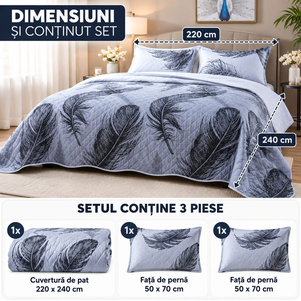 Set Cuvertură de Pat Dublu, 3 Piese, 220x240 cm, Model Pene, Matlasată, Gri