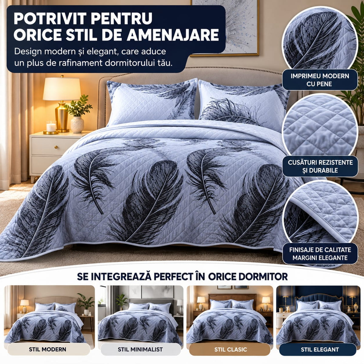 Set Cuvertură de Pat Dublu, 3 Piese, 220x240 cm, Model Pene, Matlasată, Gri