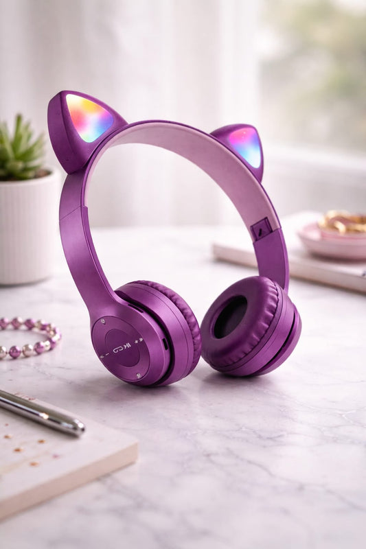 Casti Wireless pentru Copii, Model P47M, Urechi de Pisica cu Iluminare RGB, Bluetooth 5.0, Microfon Incorporat, Slot Card TF, Radio FM, Pliabile