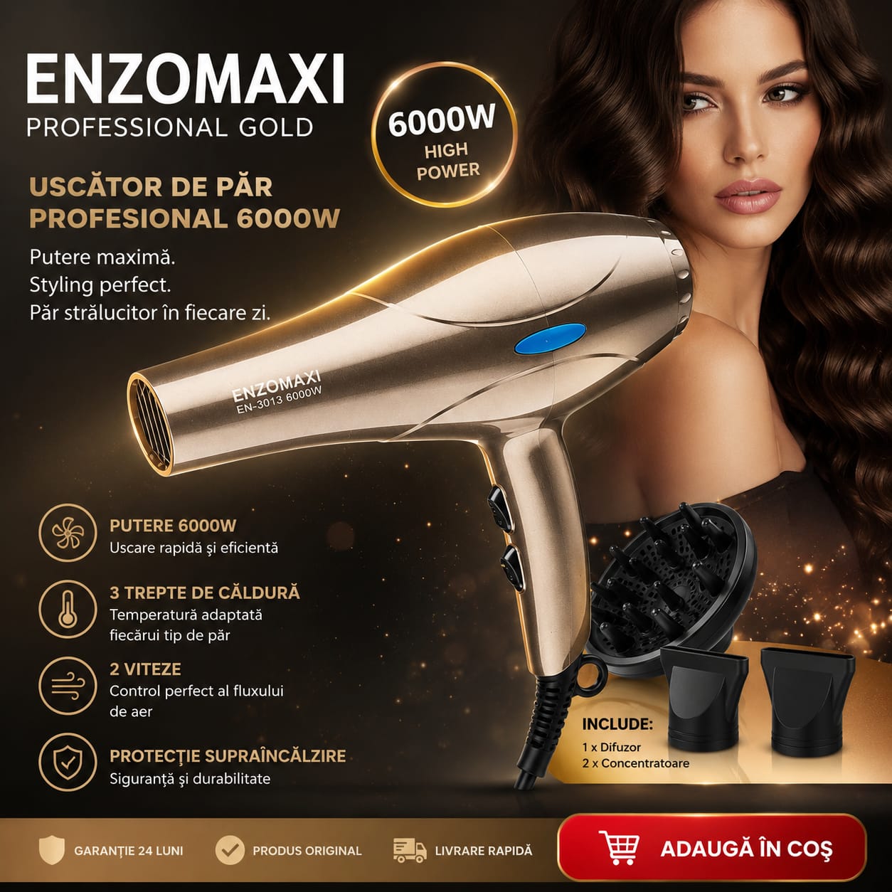 Uscător de păr profesional ENZOMAXI Professional Gold EN-3013, 6000W, uscare rapidă, 2 viteze, 3 trepte temperatură, difuzor și concentratoare incluse