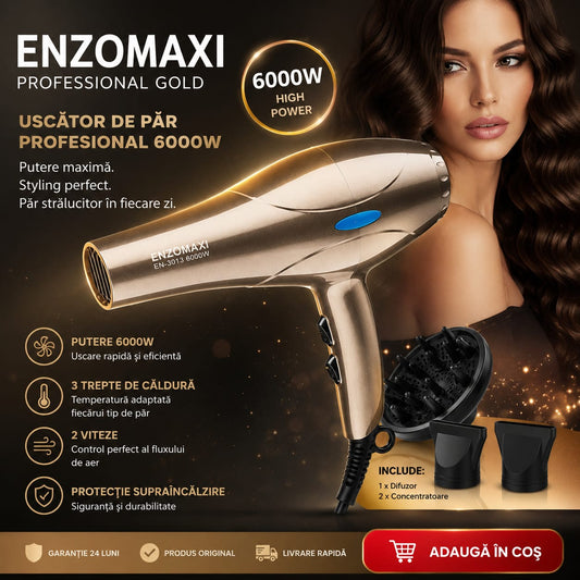 Uscător de păr profesional ENZOMAXI Professional Gold EN-3013, 6000W, uscare rapidă, 2 viteze, 3 trepte temperatură, difuzor și concentratoare incluse