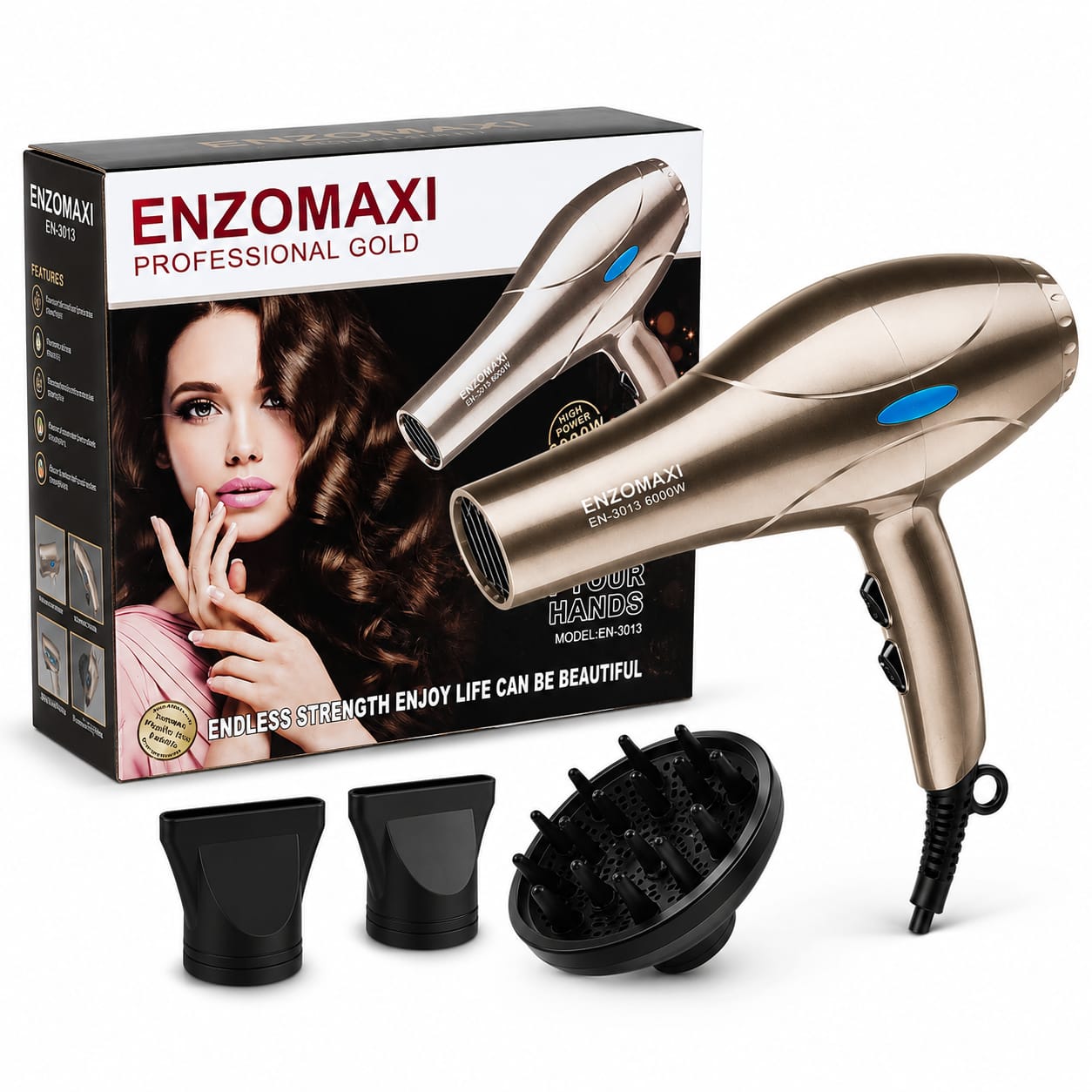 Uscător de păr profesional ENZOMAXI Professional Gold EN-3013, 6000W, uscare rapidă, 2 viteze, 3 trepte temperatură, difuzor și concentratoare incluse