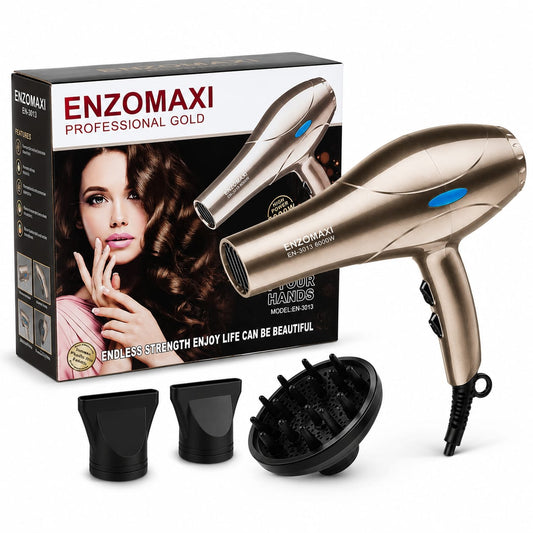 Uscător de păr profesional ENZOMAXI Professional Gold EN-3013, 6000W, uscare rapidă, 2 viteze, 3 trepte temperatură, difuzor și concentratoare incluse