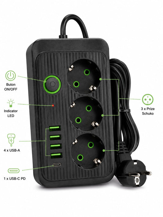 Prelungitor electric cu 3 prize Schuko, 4 USB-A, 1 USB-C PD, 2500W, 10A/250V, întrerupător ON/OFF, protecție MOV și termică, negru, F09U