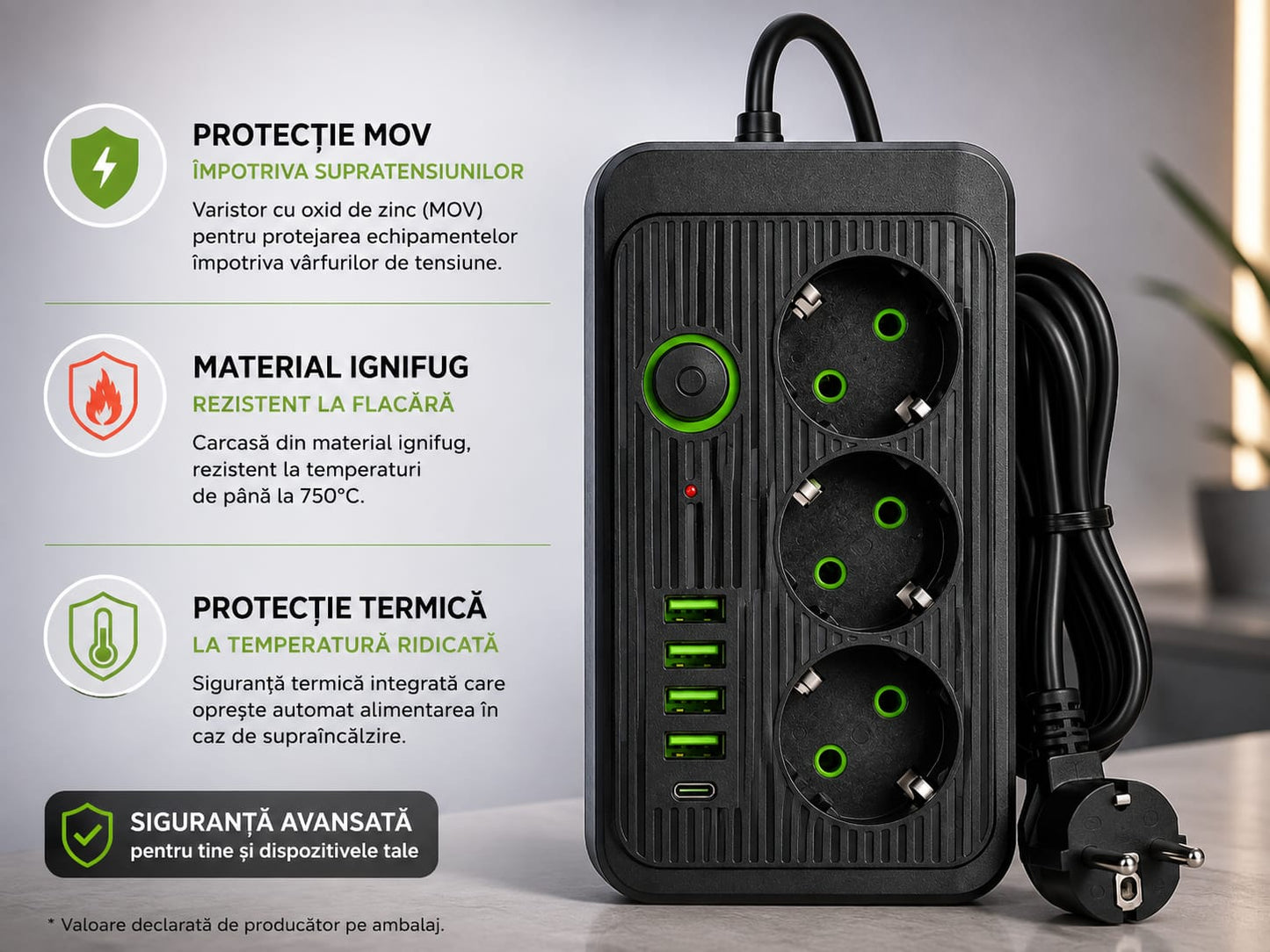 Prelungitor electric cu 3 prize Schuko, 4 USB-A, 1 USB-C PD, 2500W, 10A/250V, întrerupător ON/OFF, protecție MOV și termică, negru, F09U