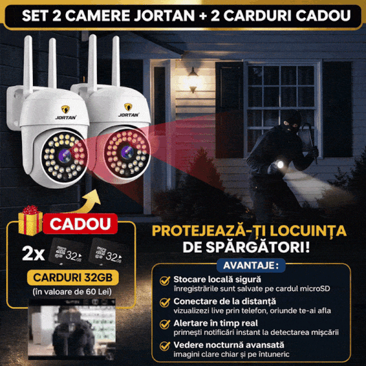 Pachet 2X Camere Supraveghere WiFi Exterior 1080P Full HD, Night Vision 30m, IP66 Waterproof, Detecție Miscare + Card 32GB