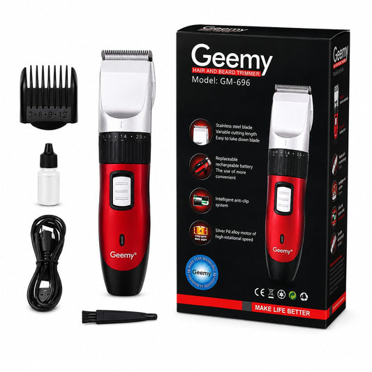 Mașina de tuns Geemy GM-696 pentru par și barba, Reincarcabila, Pieptene reglabil 3/6/9/12 mm, Reglaj fin 0.8-2 mm, Indicator LED, Cablu USB, Rosu/Negru