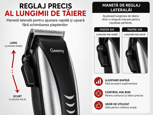 Mașină de tuns profesională GM-1001, cu fir, lame din oțel inoxidabil, manetă reglaj lungime, 4 piepteni (3/6/9/12 mm), accesorii complete, negru/argintiu