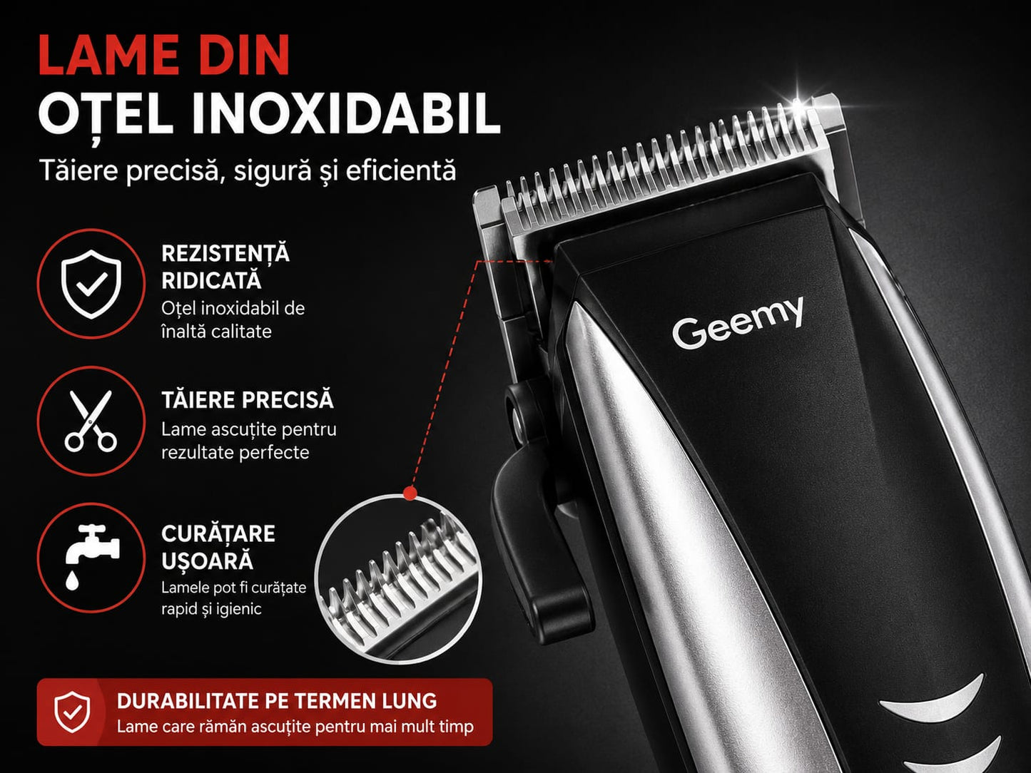 Mașină de tuns profesională GM-1001, cu fir, lame din oțel inoxidabil, manetă reglaj lungime, 4 piepteni (3/6/9/12 mm), accesorii complete, negru/argintiu