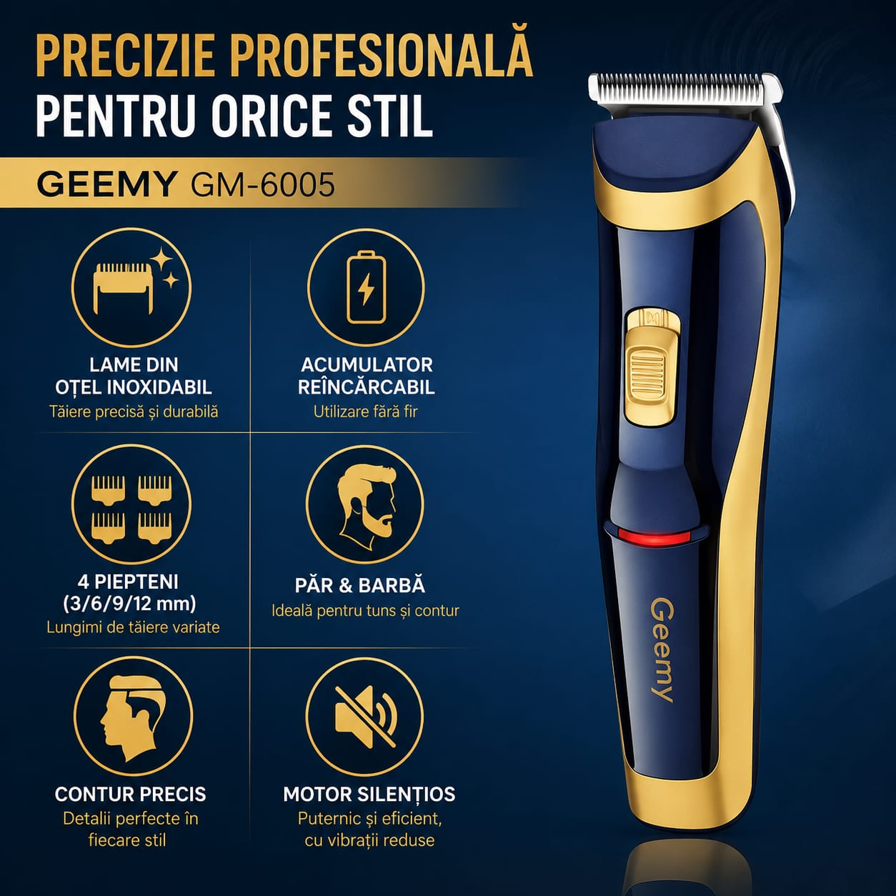Mașină profesională de tuns GM-6005, acumulator reîncărcabil, lame din oțel inoxidabil, 4 piepteni (3/6/9/12 mm), autonomie până la 60 minute, pentru păr, barbă și contur, Albastru/Auriu