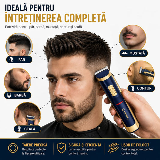 Mașină profesională de tuns GM-6005, acumulator reîncărcabil, lame din oțel inoxidabil, 4 piepteni (3/6/9/12 mm), autonomie până la 60 minute, pentru păr, barbă și contur, Albastru/Auriu