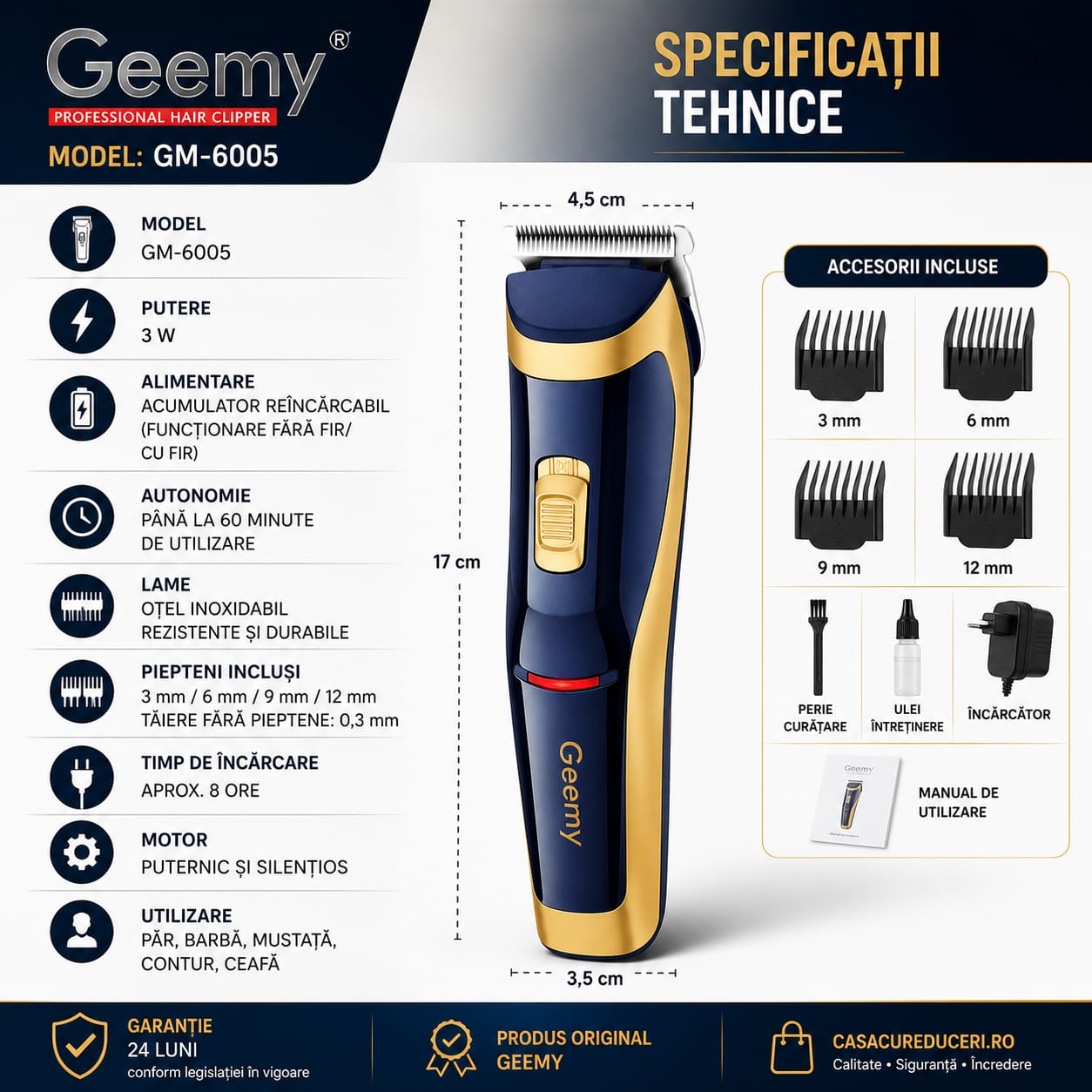 Mașină profesională de tuns GM-6005, acumulator reîncărcabil, lame din oțel inoxidabil, 4 piepteni (3/6/9/12 mm), autonomie până la 60 minute, pentru păr, barbă și contur, Albastru/Auriu