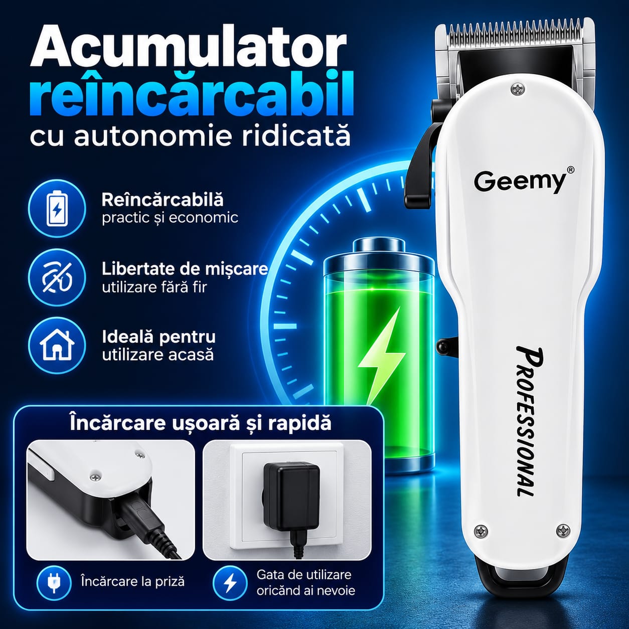 Mașină de tuns profesională GM-6081, reîncărcabilă, 4 piepteni de ghidaj, lame din oțel inoxidabil, design ergonomic, kit complet, alb