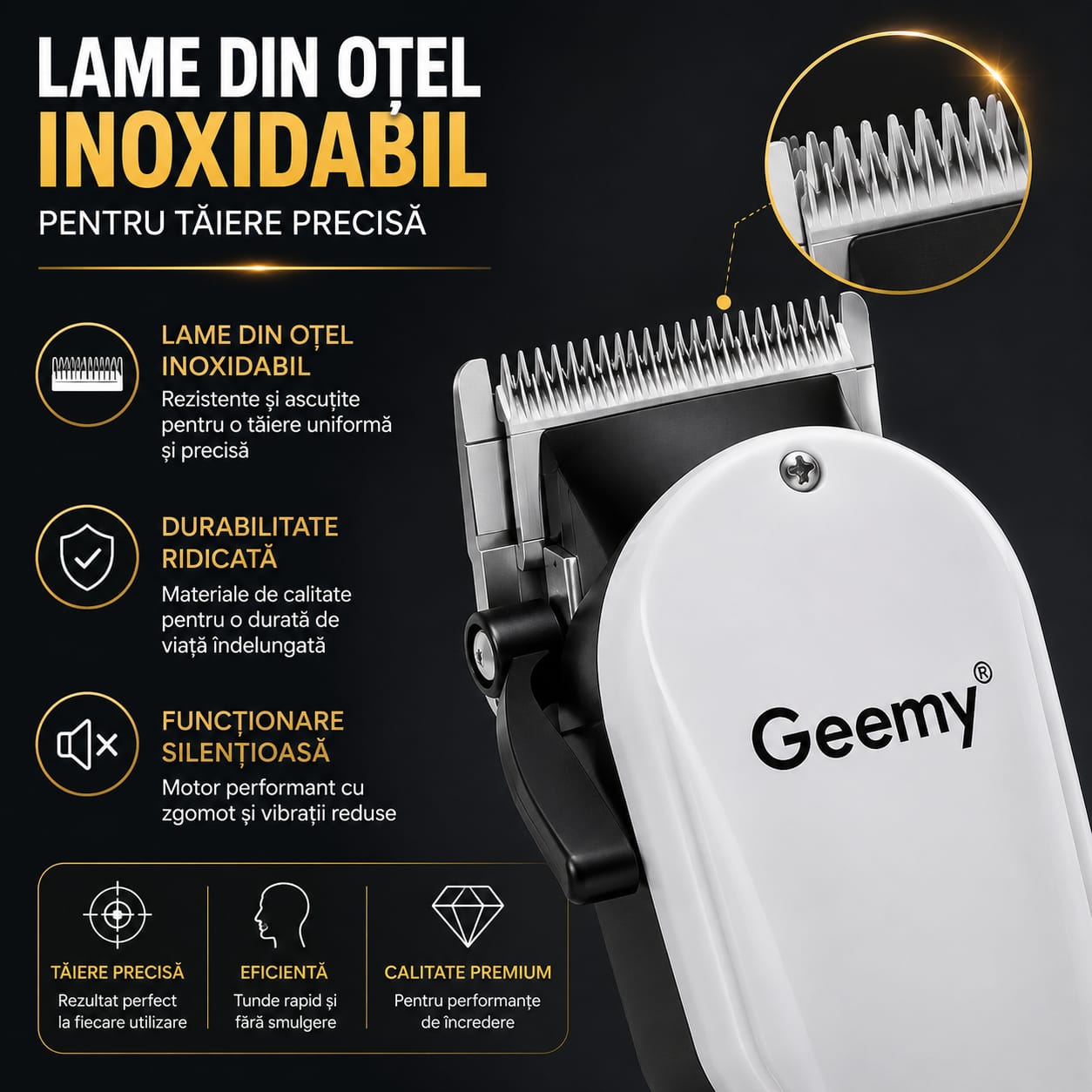 Mașină de tuns profesională GM-6081, reîncărcabilă, 4 piepteni de ghidaj, lame din oțel inoxidabil, design ergonomic, kit complet, alb