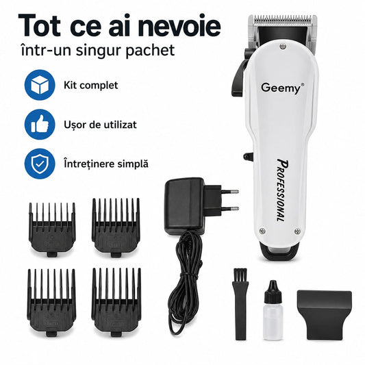 Mașină de tuns profesională GM-6081, reîncărcabilă, 4 piepteni de ghidaj, lame din oțel inoxidabil, design ergonomic, kit complet, alb
