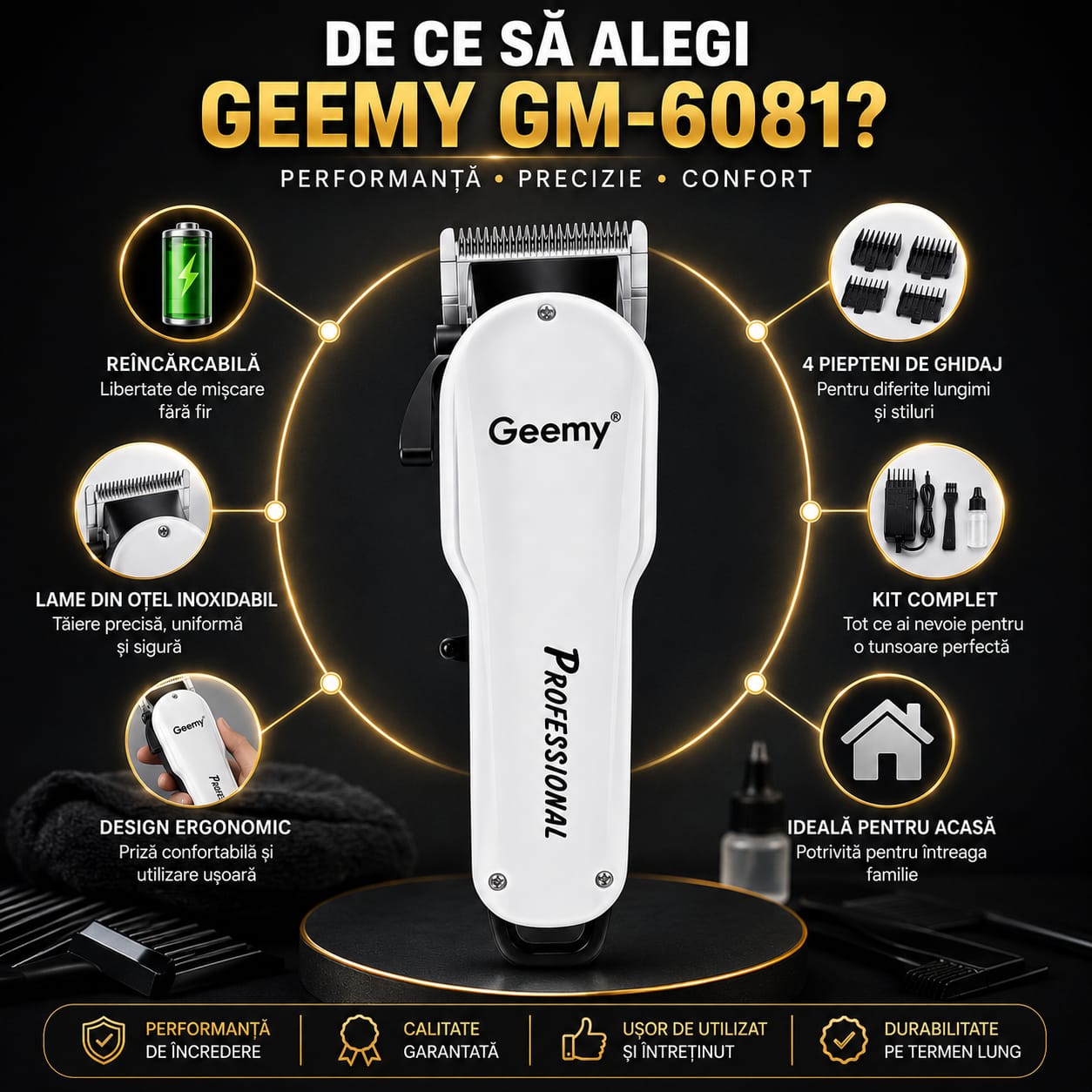 Mașină de tuns profesională GM-6081, reîncărcabilă, 4 piepteni de ghidaj, lame din oțel inoxidabil, design ergonomic, kit complet, alb