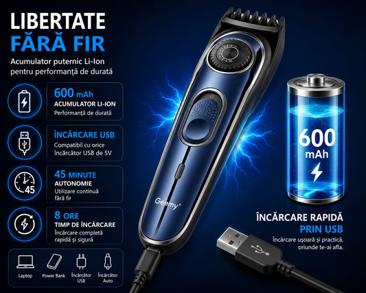 Mașină Profesională de Tuns și Contur GM-6675, Reglaj 1-10 mm, 10 Trepte de Tăiere, Acumulator Li-Ion 600 mAh, Încărcare USB, Motor 5W, Lame din Oțel Inoxidabil, Albastru/Negru