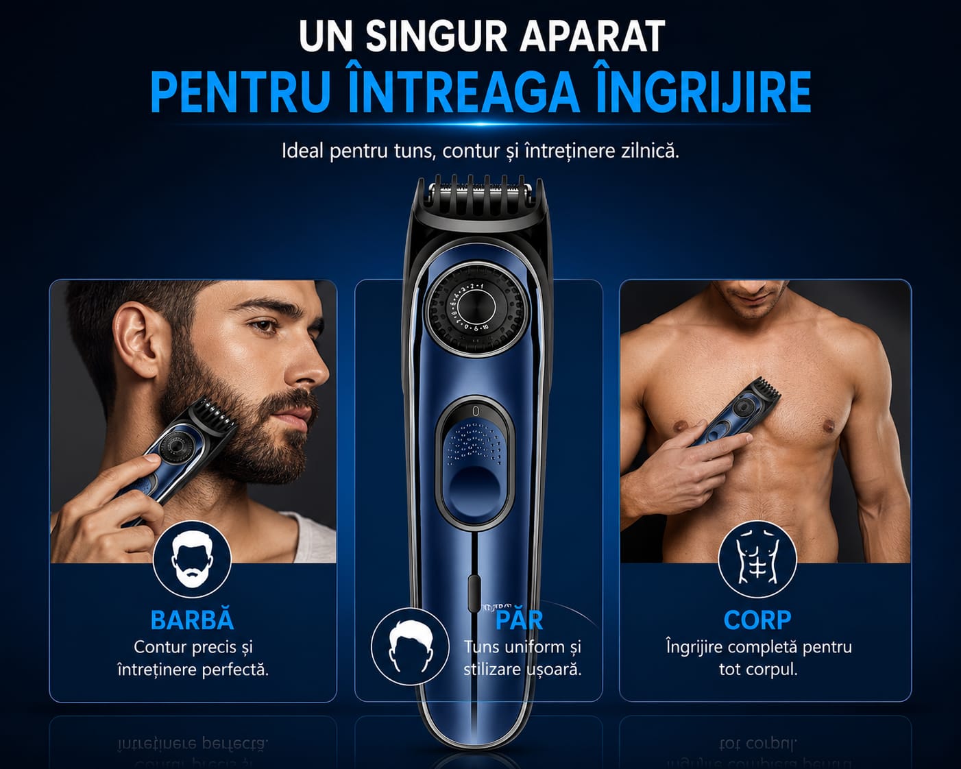 Mașină Profesională de Tuns și Contur GM-6675, Reglaj 1-10 mm, 10 Trepte de Tăiere, Acumulator Li-Ion 600 mAh, Încărcare USB, Motor 5W, Lame din Oțel Inoxidabil, Albastru/Negru