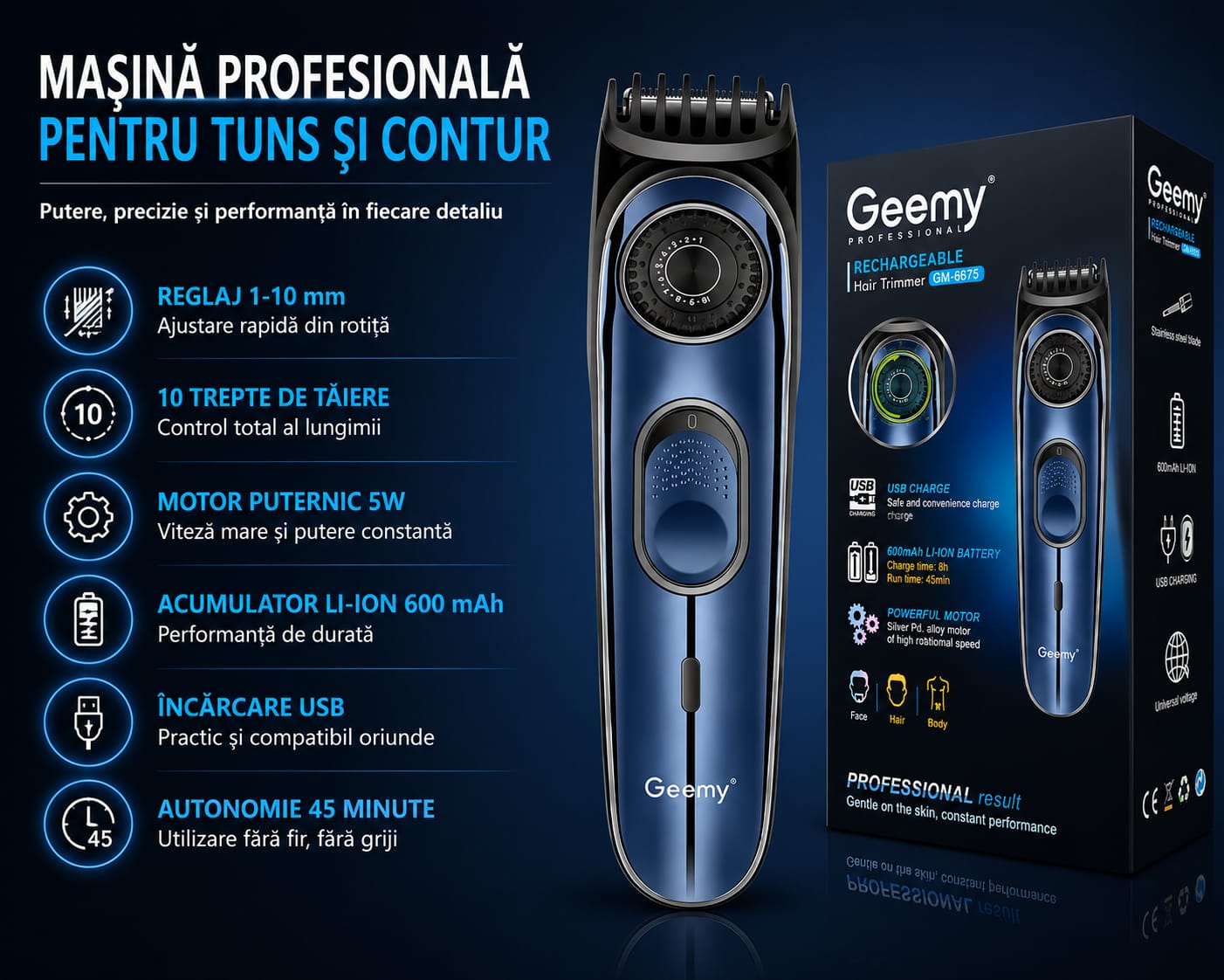 Mașină Profesională de Tuns și Contur GM-6675, Reglaj 1-10 mm, 10 Trepte de Tăiere, Acumulator Li-Ion 600 mAh, Încărcare USB, Motor 5W, Lame din Oțel Inoxidabil, Albastru/Negru