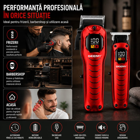 Set Profesional GM-8046, Mașină de tuns păr + Trimmer pentru contur și barbă, Display LED, Acumulator reîncărcabil USB, Lame din oțel inoxidabil, Autonomie până la 240 minute, Roșu