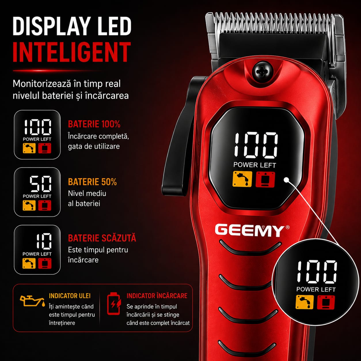 Set Profesional GM-8046, Mașină de tuns păr + Trimmer pentru contur și barbă, Display LED, Acumulator reîncărcabil USB, Lame din oțel inoxidabil, Autonomie până la 240 minute, Roșu