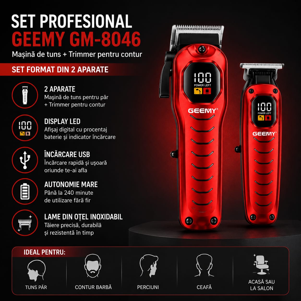 Set Profesional GM-8046, Mașină de tuns păr + Trimmer pentru contur și barbă, Display LED, Acumulator reîncărcabil USB, Lame din oțel inoxidabil, Autonomie până la 240 minute, Roșu