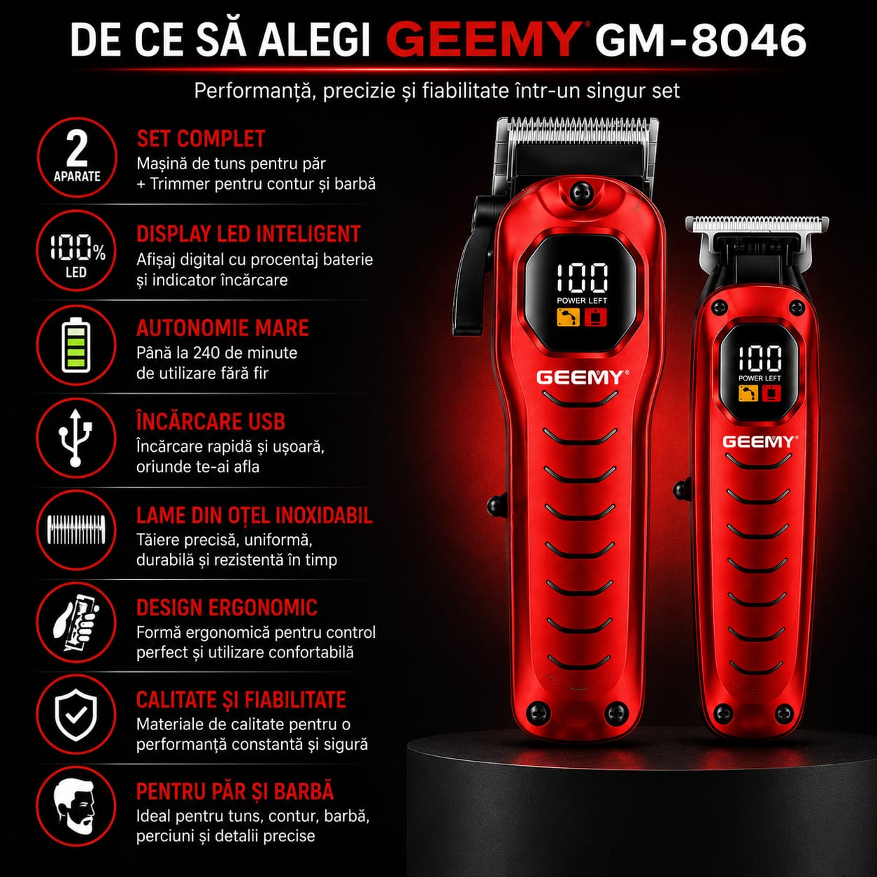 Set Profesional GM-8046, Mașină de tuns păr + Trimmer pentru contur și barbă, Display LED, Acumulator reîncărcabil USB, Lame din oțel inoxidabil, Autonomie până la 240 minute, Roșu