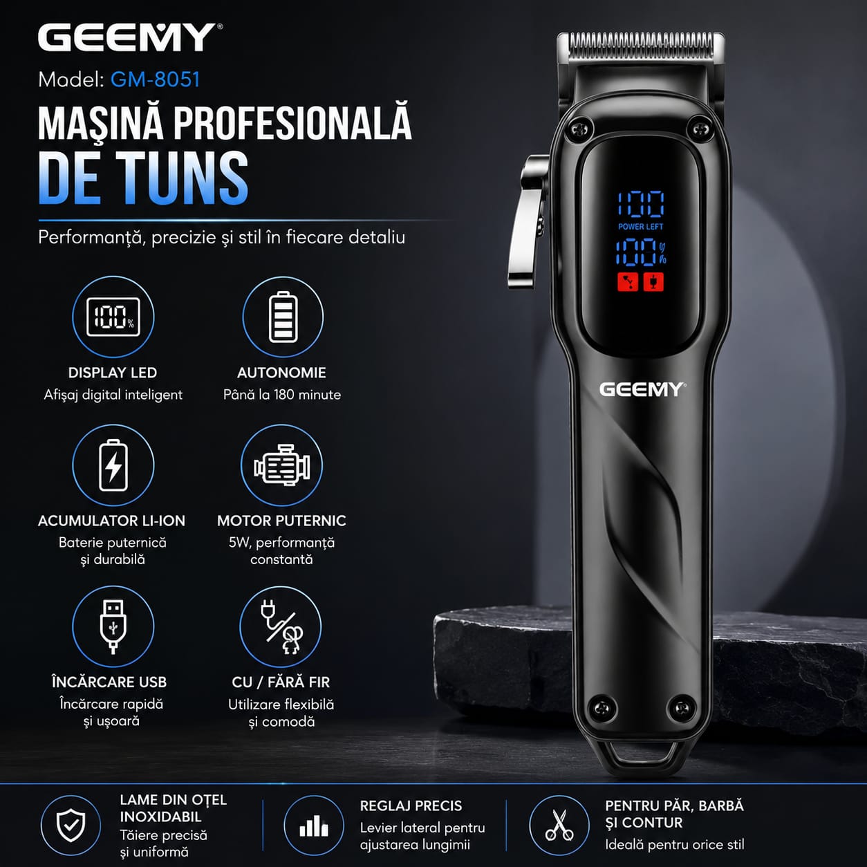 Mașină profesională de tuns GM-8051, Display LED Digital, Autonomie până la 180 minute, Motor 5W, Lame din oțel inoxidabil, Încărcare USB, Reglaj precis pentru păr, barbă și contur