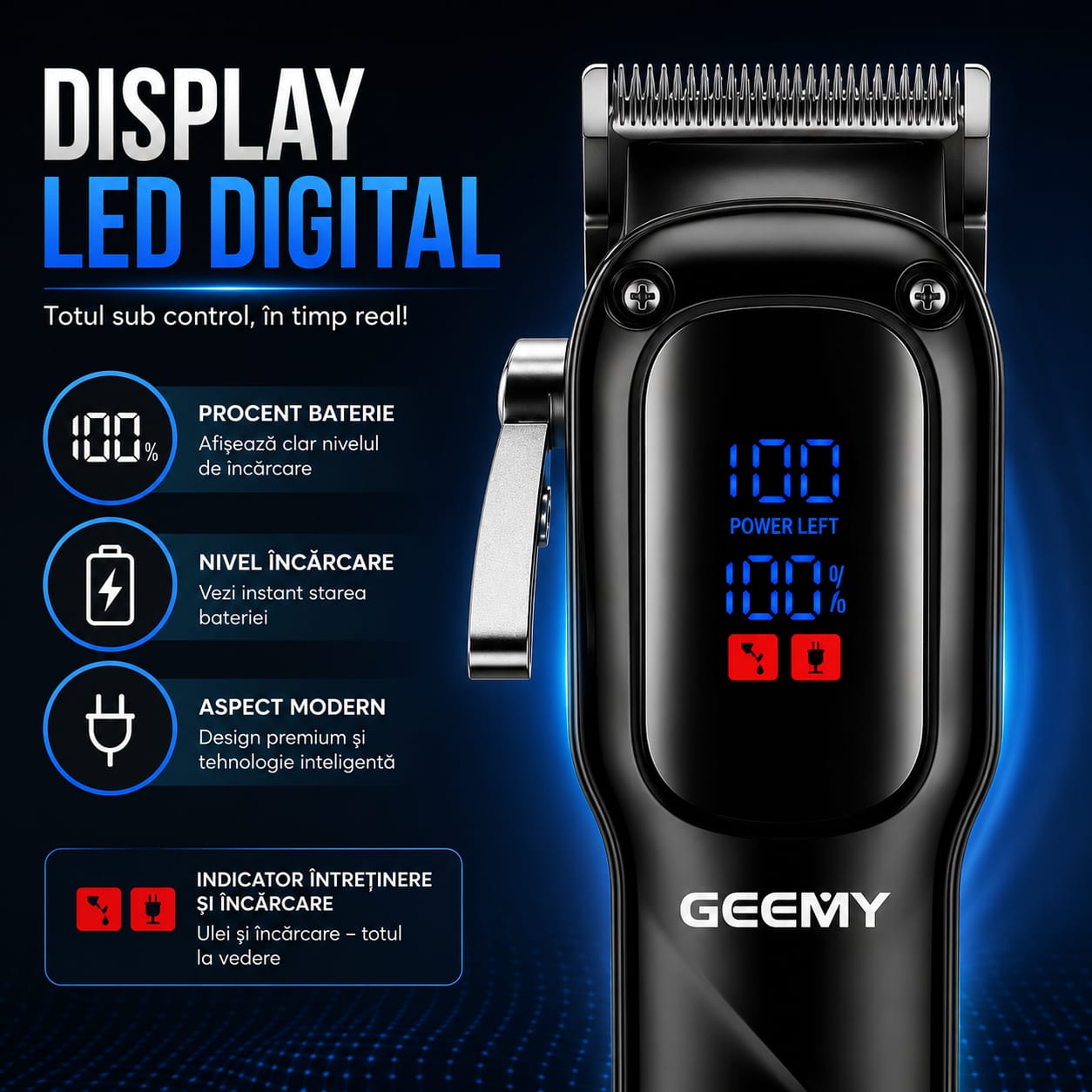 Mașină profesională de tuns GM-8051, Display LED Digital, Autonomie până la 180 minute, Motor 5W, Lame din oțel inoxidabil, Încărcare USB, Reglaj precis pentru păr, barbă și contur